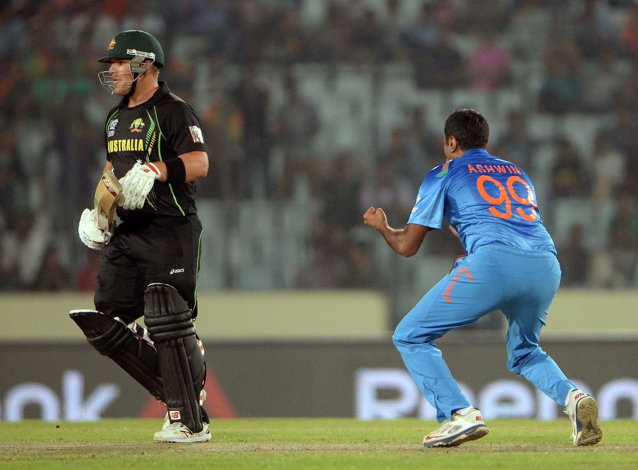 R Ashwin made the first breakthrough by dismissing Aaron Finch, Australia v India, World T20, Group 2, Mirpur, March 30, 2014