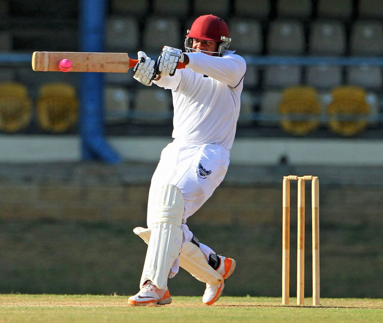 Shacaya Thomas plays a pull shot during his hundred, Trinidad & Tobago v Combined Campuses and Colleges, Regional Four Day Competition, Port of Spain, March 30, 2014