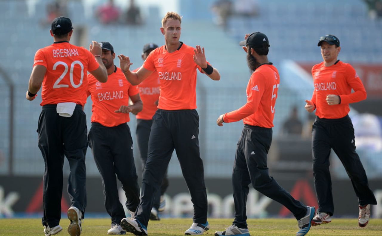 Stuart Broad celebrates a wicket, England v Netherlands, World T20, Group 1, Chittagong, March 31, 2014
