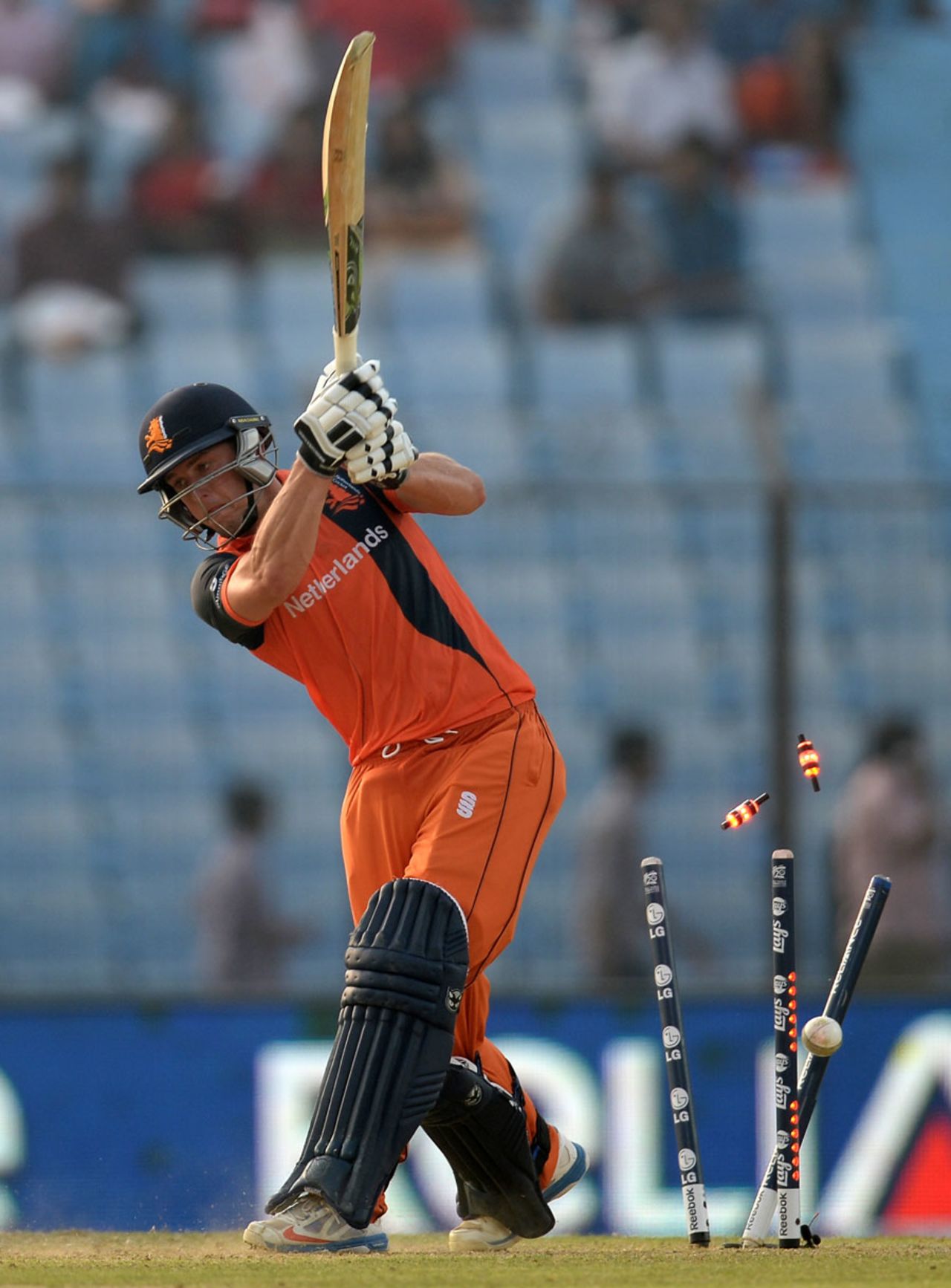 Wesley Barresi has his middle stump knocked back, England v Netherlands, World T20, Group 1, Chittagong, March 31, 2014