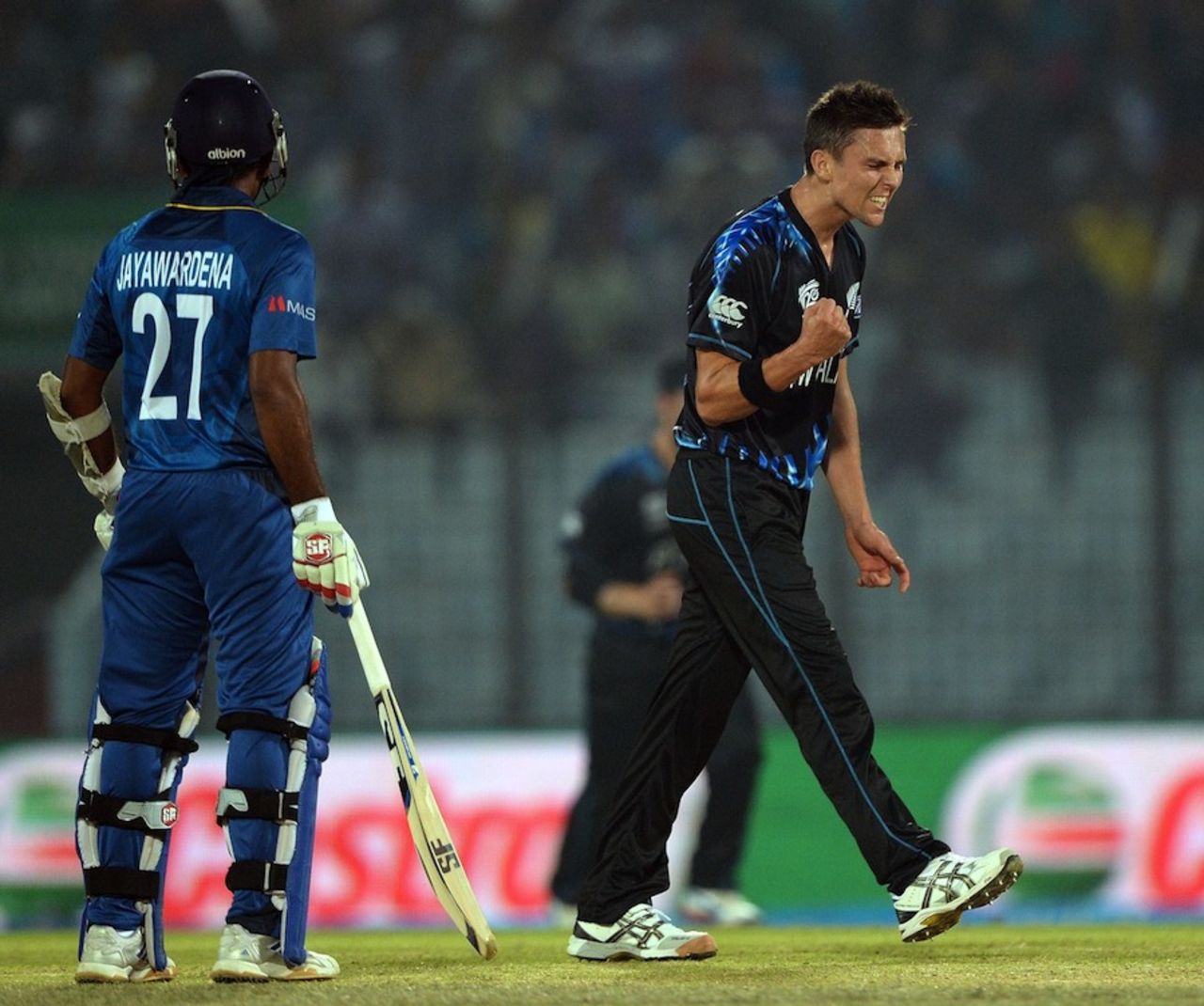 Trent Boult celebrates one of his three wickets, New Zealand v Sri Lanka, World T20, Group 1, Chittagong, March 31, 2014