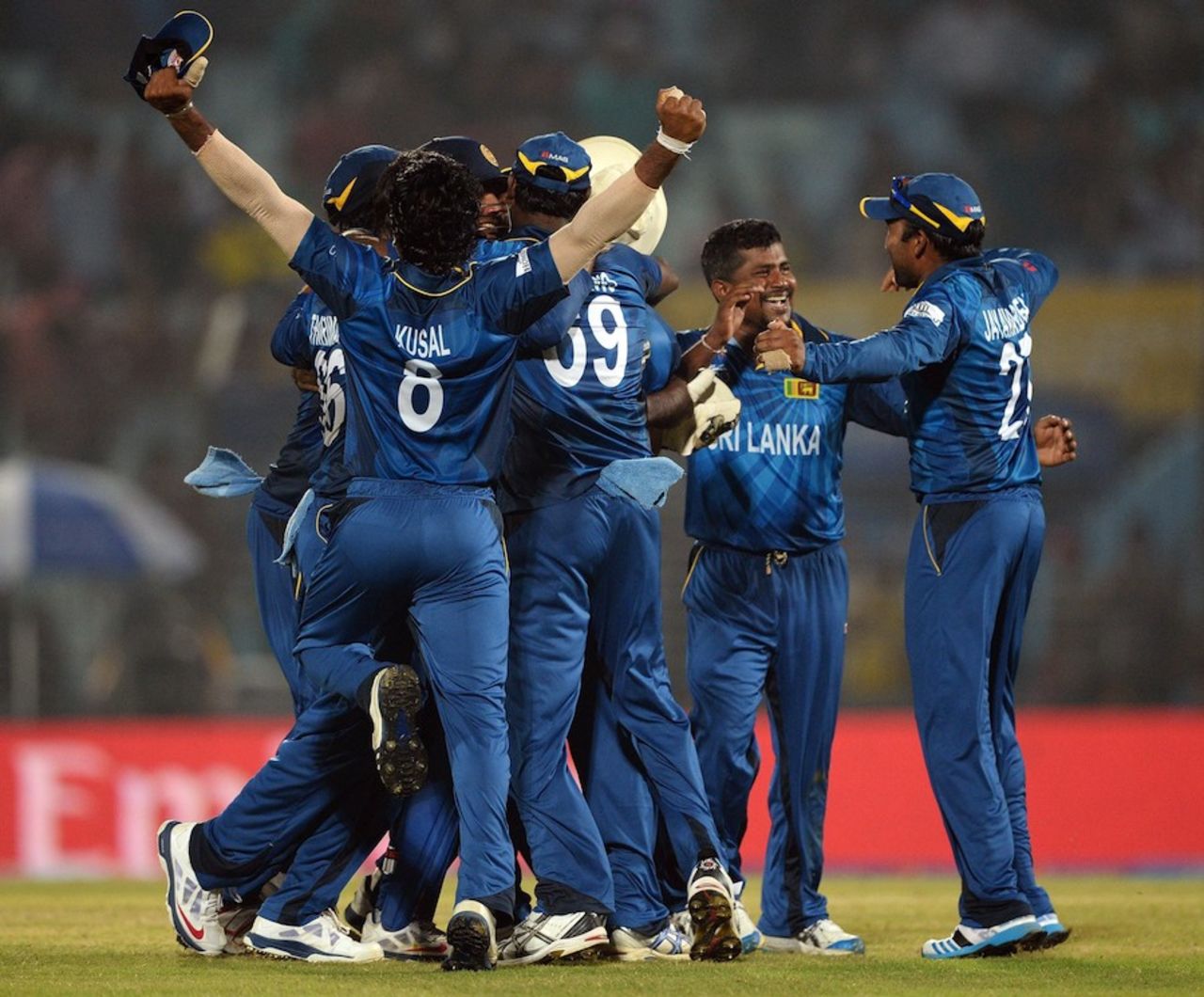 The Sri Lankans gather to celebrate a stunning win, New Zealand v Sri Lanka, World T20, Group 1, Chittagong, March 31, 2014