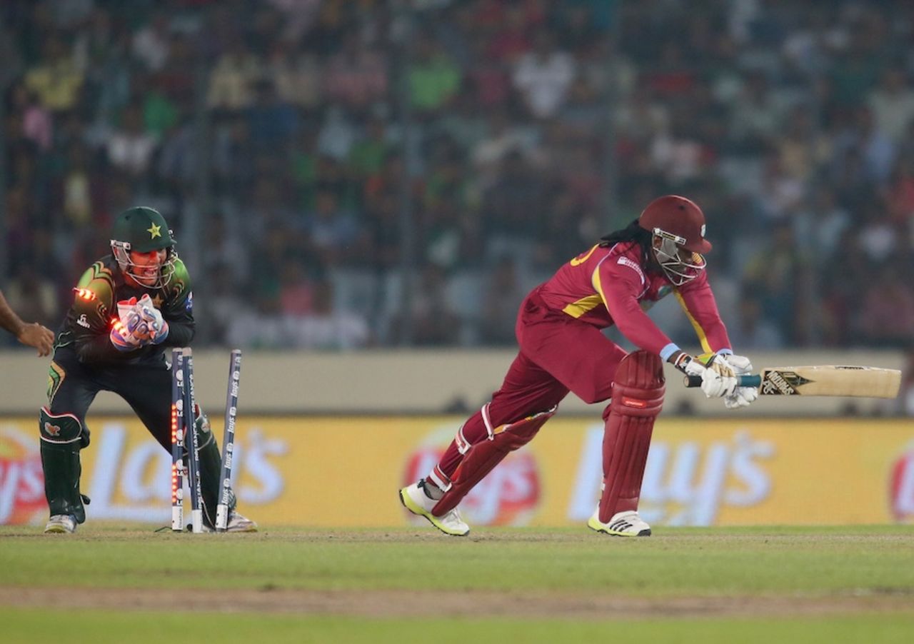 Chris Gayle was stumped by Kamran Akmal, Pakistan v West Indies, World T20, Group 2, Mirpur, April 1, 2014