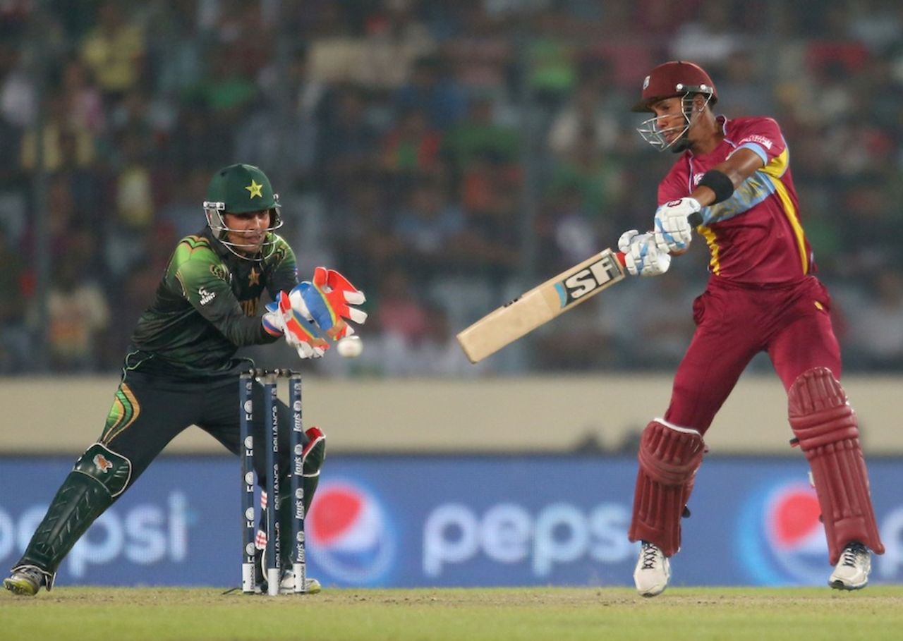 Lendl Simmons goes back to cut, Pakistan v West Indies, World T20, Group 2, Mirpur, April 1, 2014