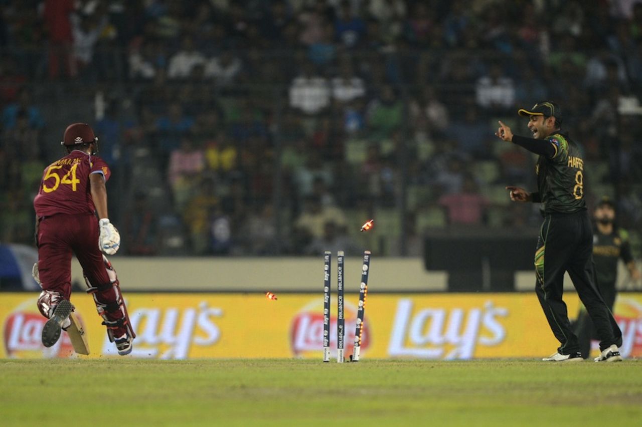 Lendl Simmons was run out, Pakistan v West Indies, World T20, Group 2, Mirpur, April 1, 2014
