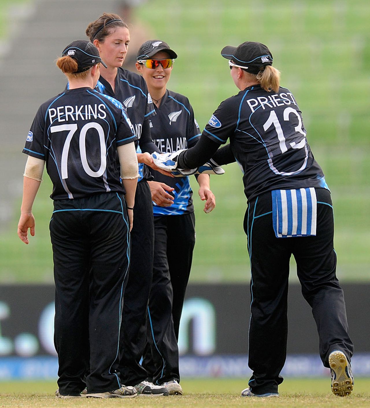 New Zealand players celebrate a wicket, New Zealand v Sri Lanka, Women's World T20, WT20 2016 Qualification Playoff, Sylhet, April 2, 2014