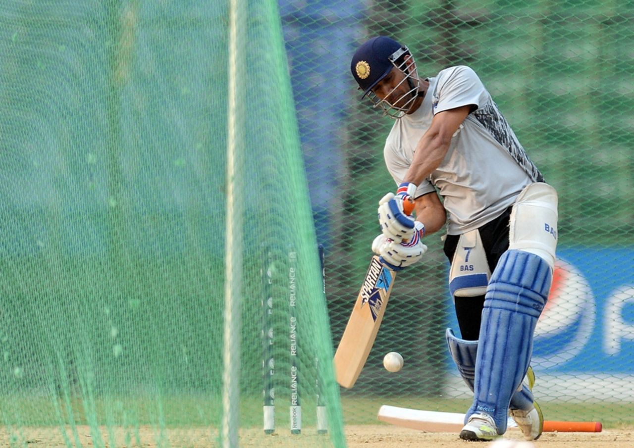 MS Dhoni launches into one during India's training session, Fatullah, April 2, 2014