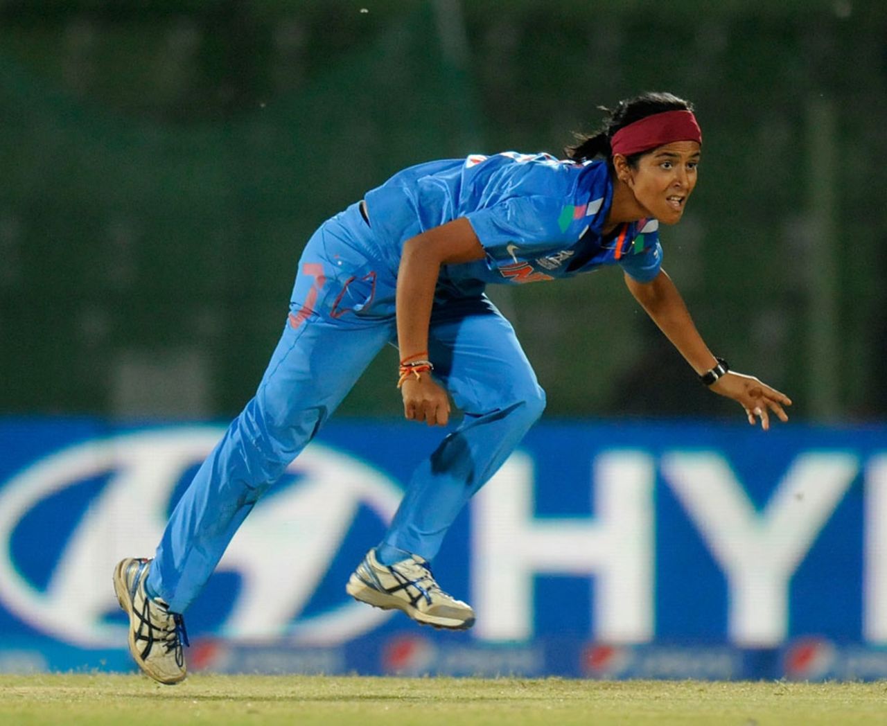 India's Shubhlakshmi Sharma after delivering the ball, India v Pakistan, Women's World T20, WT20 2016 Qualification Playoff, Sylhet, April 2, 2014