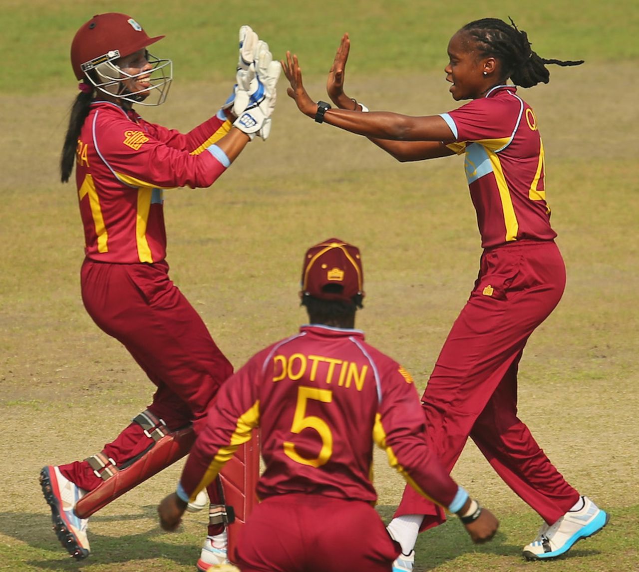 Merissa Aguilleira and Shaquana Quintyne celebrate a wicket, Australia v West Indies, Women's World T20, 1st semi-final, Mirpur, April 3, 2014
