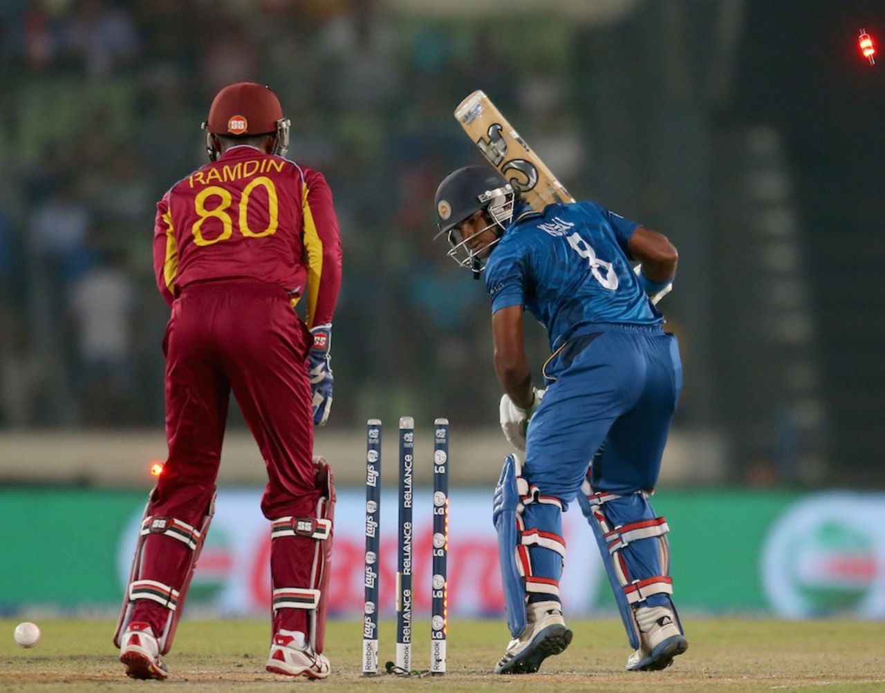 Kusal Perera was bowled off the inside edge, Sri Lanka v West Indies, World T20, semi-final, Mirpur, April 3, 2014