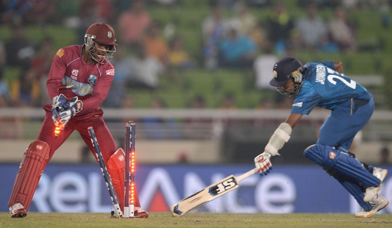Mahela Jayawardene was run out without facing a ball, Sri Lanka v West Indies, World T20, semi-final, Mirpur, April 3, 2014