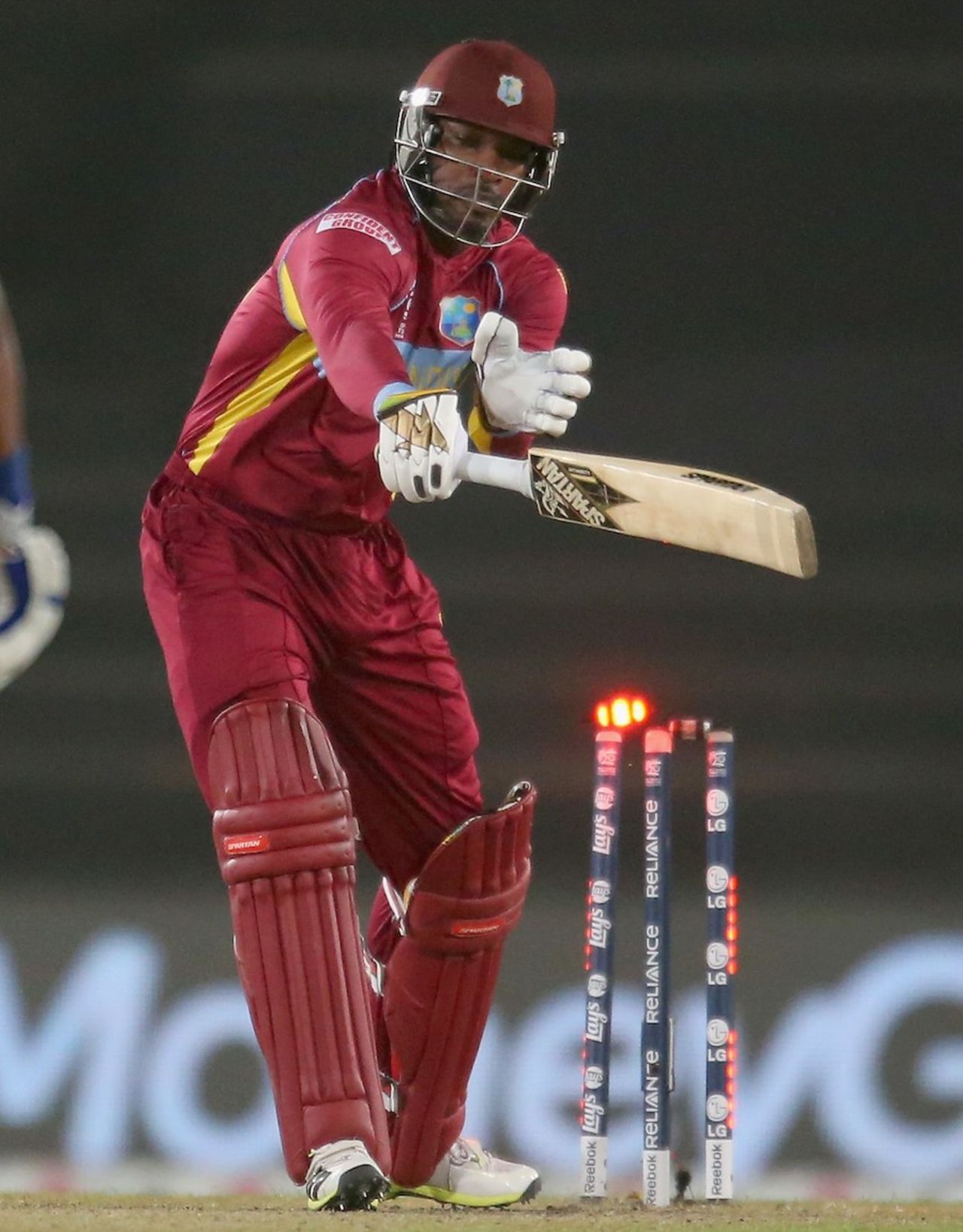 Chris Gayle was bowled for 3 off 13 balls, Sri Lanka v West Indies, World T20, semi-final, Mirpur, April 3, 2014