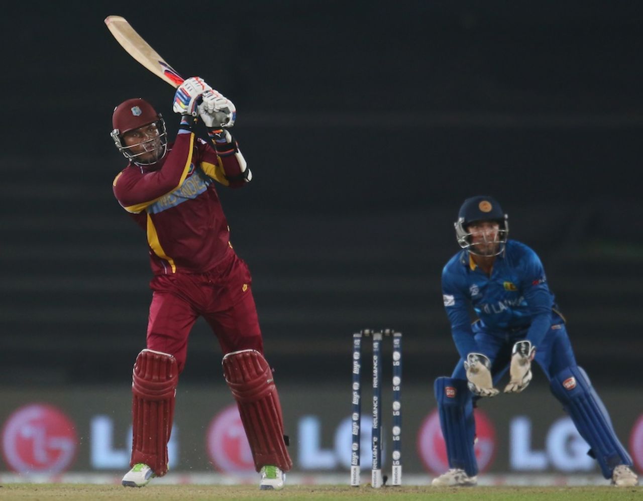 Marlon Samuels hits through the leg side, Sri Lanka v West Indies, World T20, semi-final, Mirpur, April 3, 2014