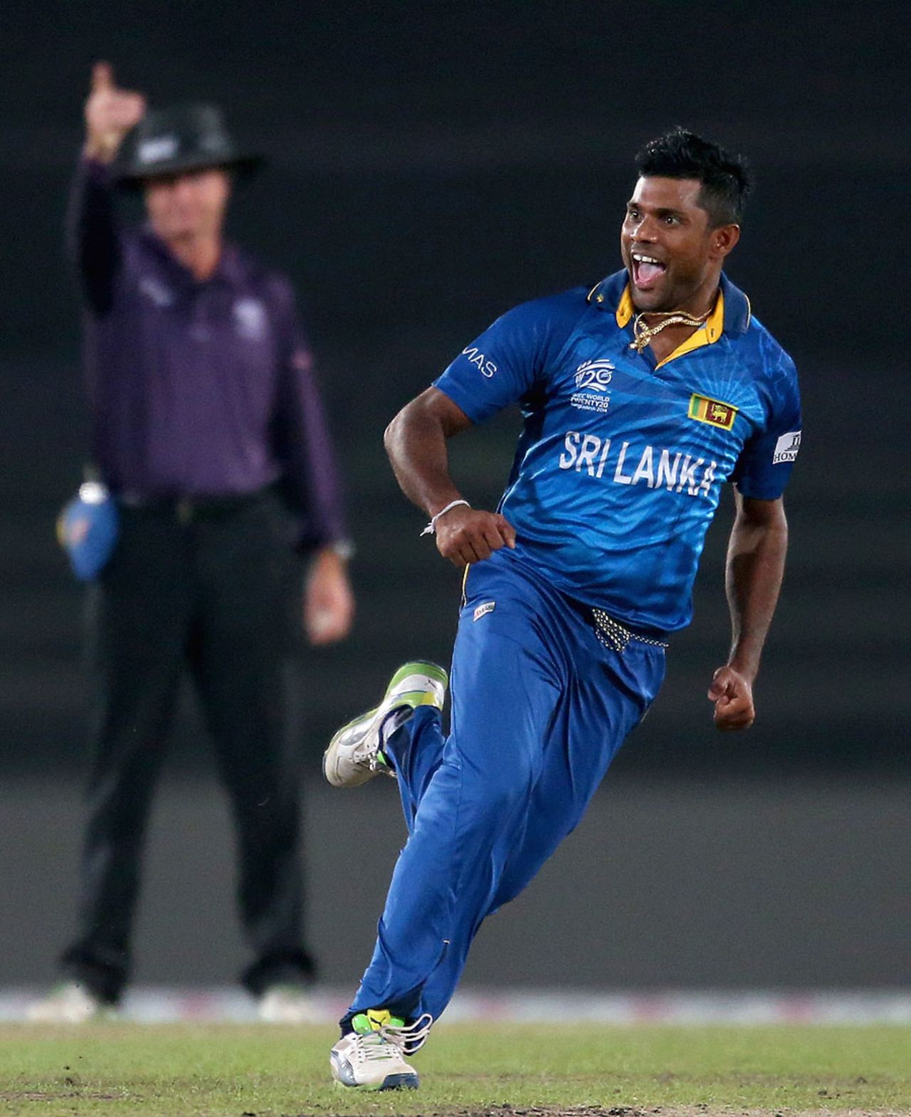 Seekkuge Prasanna wins an lbw appeal in his favour, Sri Lanka v West Indies, World T20, semi-final, Mirpur, April 3, 2014