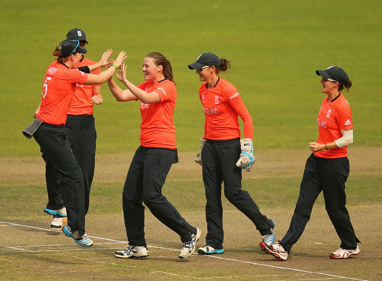 Anya Shrubsole celebrates with her team-mates after dismissing Lizelle Lee, England v South Africa, Women's World T20, semi-finals, Mirpur, April 4, 2014