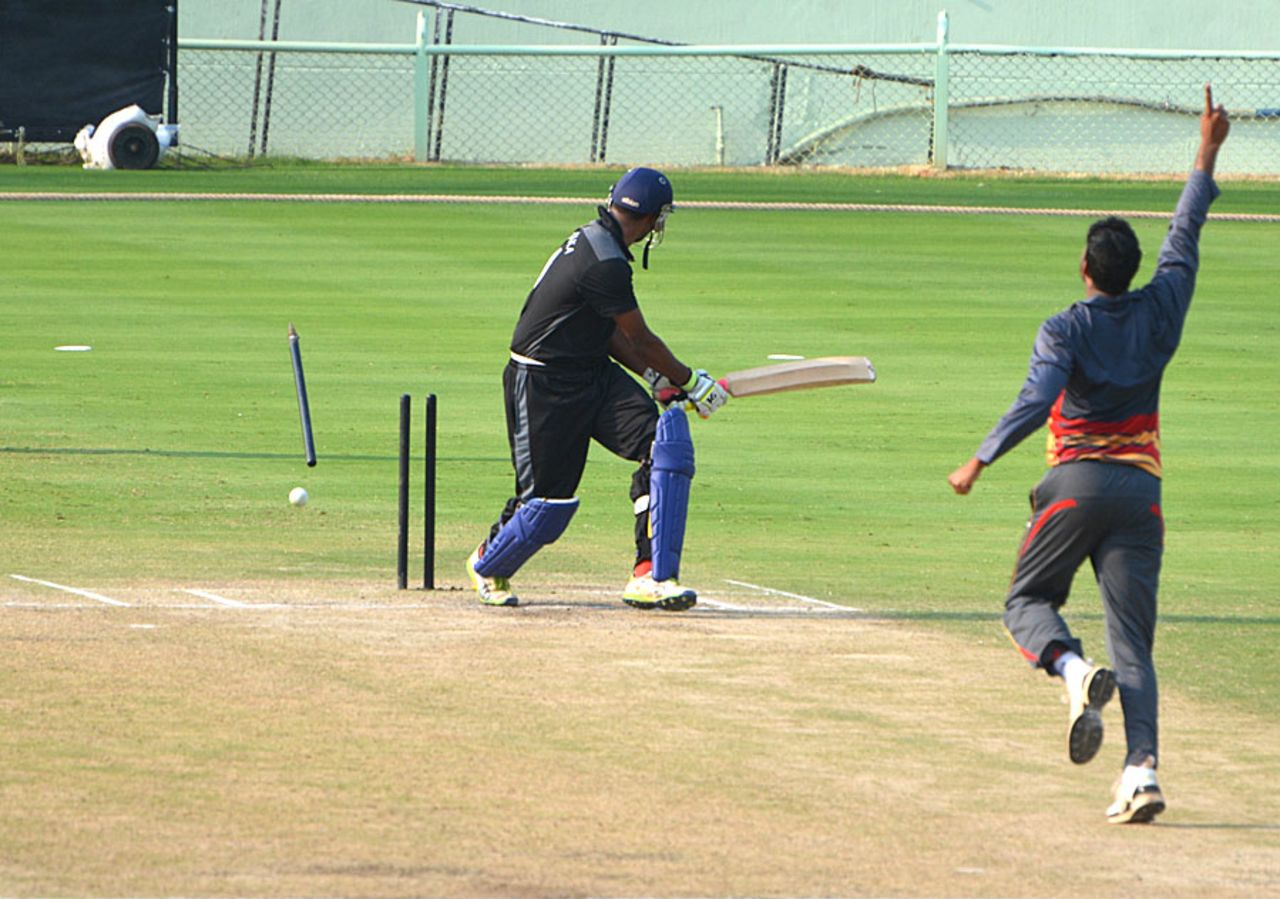 Karnataka's K Gowtham was bowled by Sayed Badiuzzama, Goa v Karnataka, Syed Mushtaq Ali Trophy, Visakhapatnam, April 4, 2014