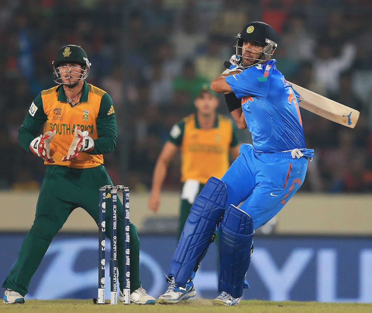 Yuvraj Singh flogs a short delivery to the leg side, India v South Africa, World T20, semi-final, Mirpur, April 4, 2014