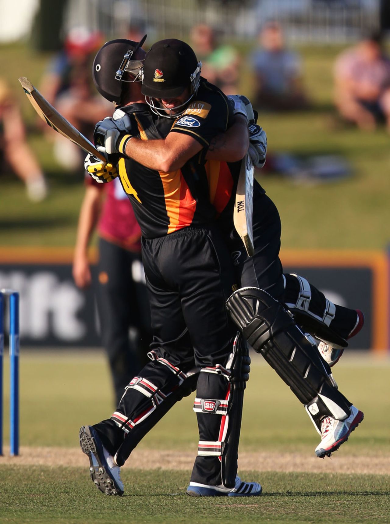 Luke Ronchi and Luke Woodcock celebrate the winning runs, Northern Districts v Wellington, The Ford Trophy final, Mount Maunganui, April 5, 2014