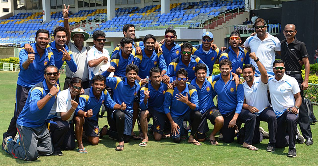 Goa celebrate after topping the South Zone table with five straight wins, Goa v Hyderabad, Syed Mushtaq Ali Trophy, Visakhapatnam, April 5, 2014