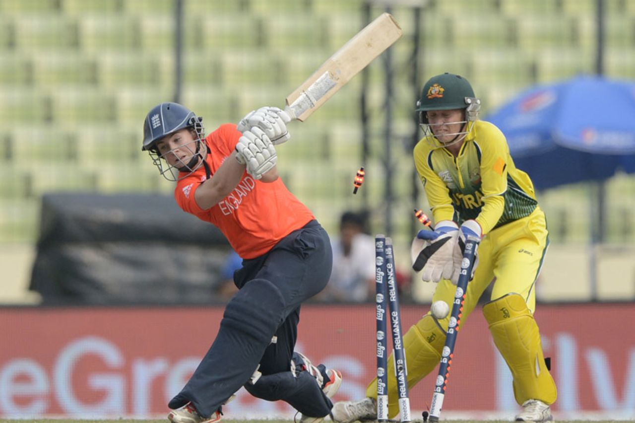 Tammy Beaumont is bowled, Australia v England, Women's World T20, final, April 6, 2014