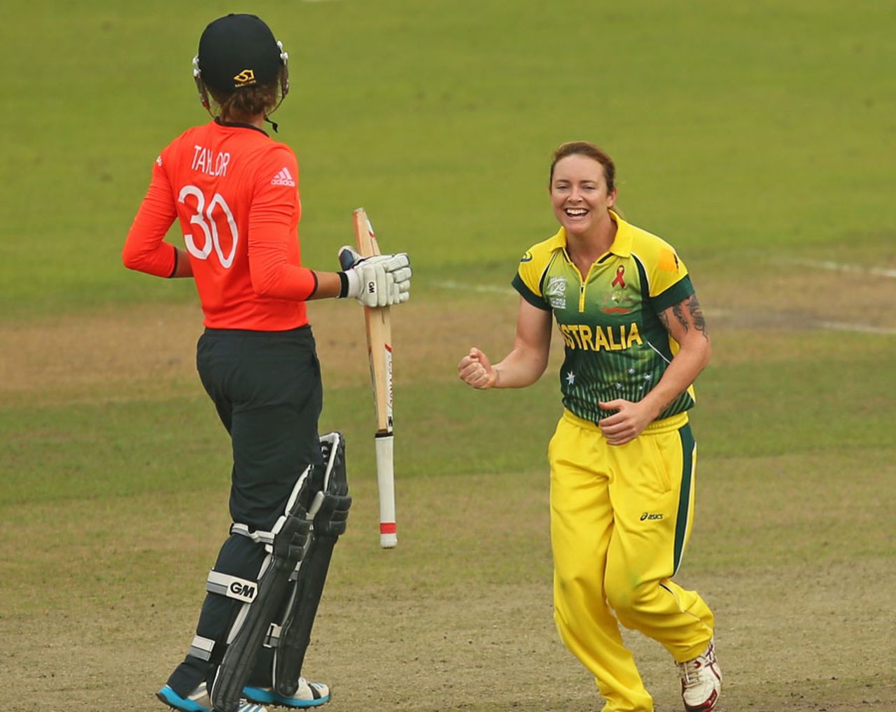 Sarah Coyte is thrilled with the wicket of Sarah Taylor, Australia v England, Women's World T20, final, April 6, 2014