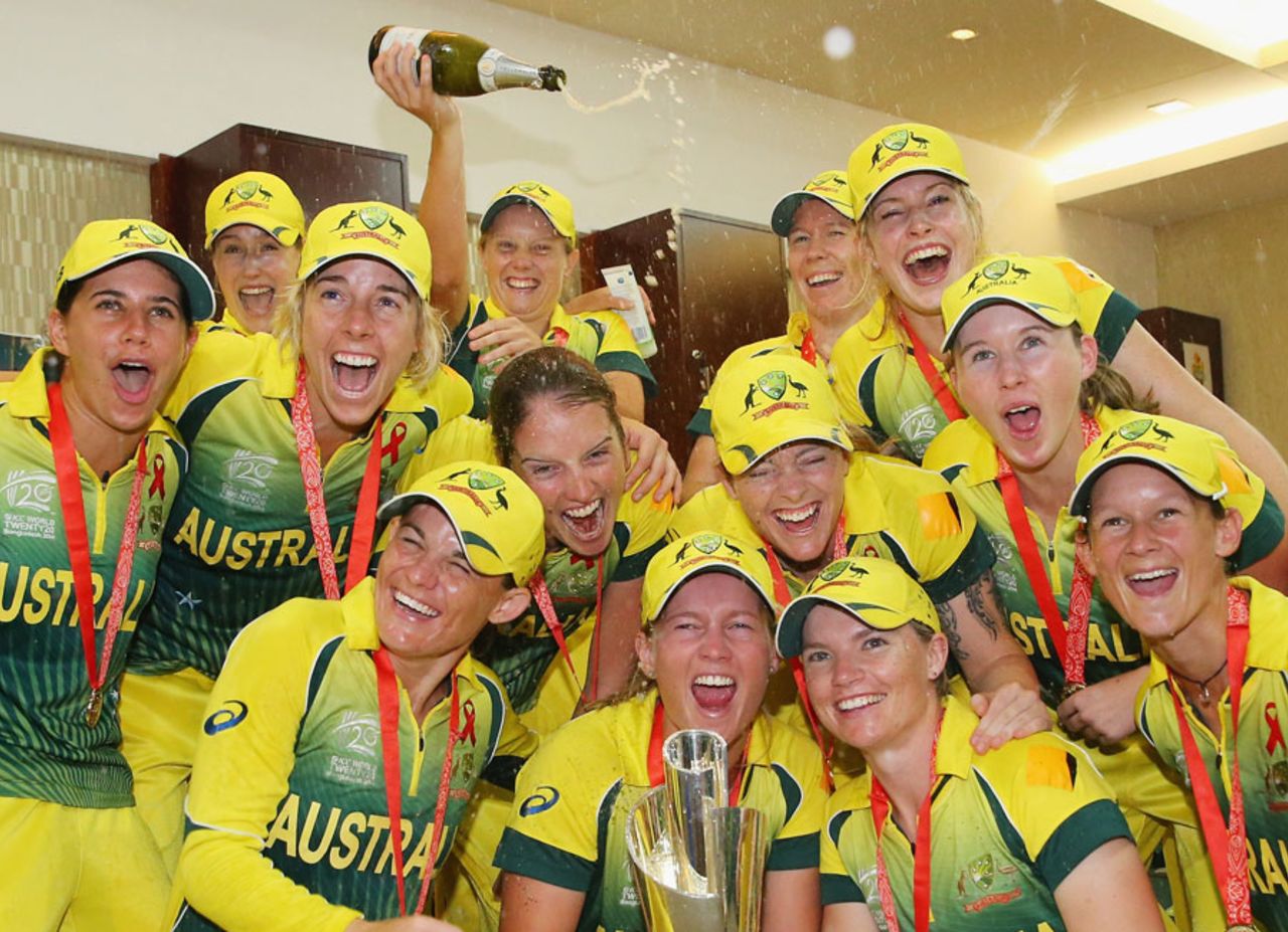 Australia Women take the celebrations up to the changing room, Australia v England, Women's World T20, final, April 6, 2014
