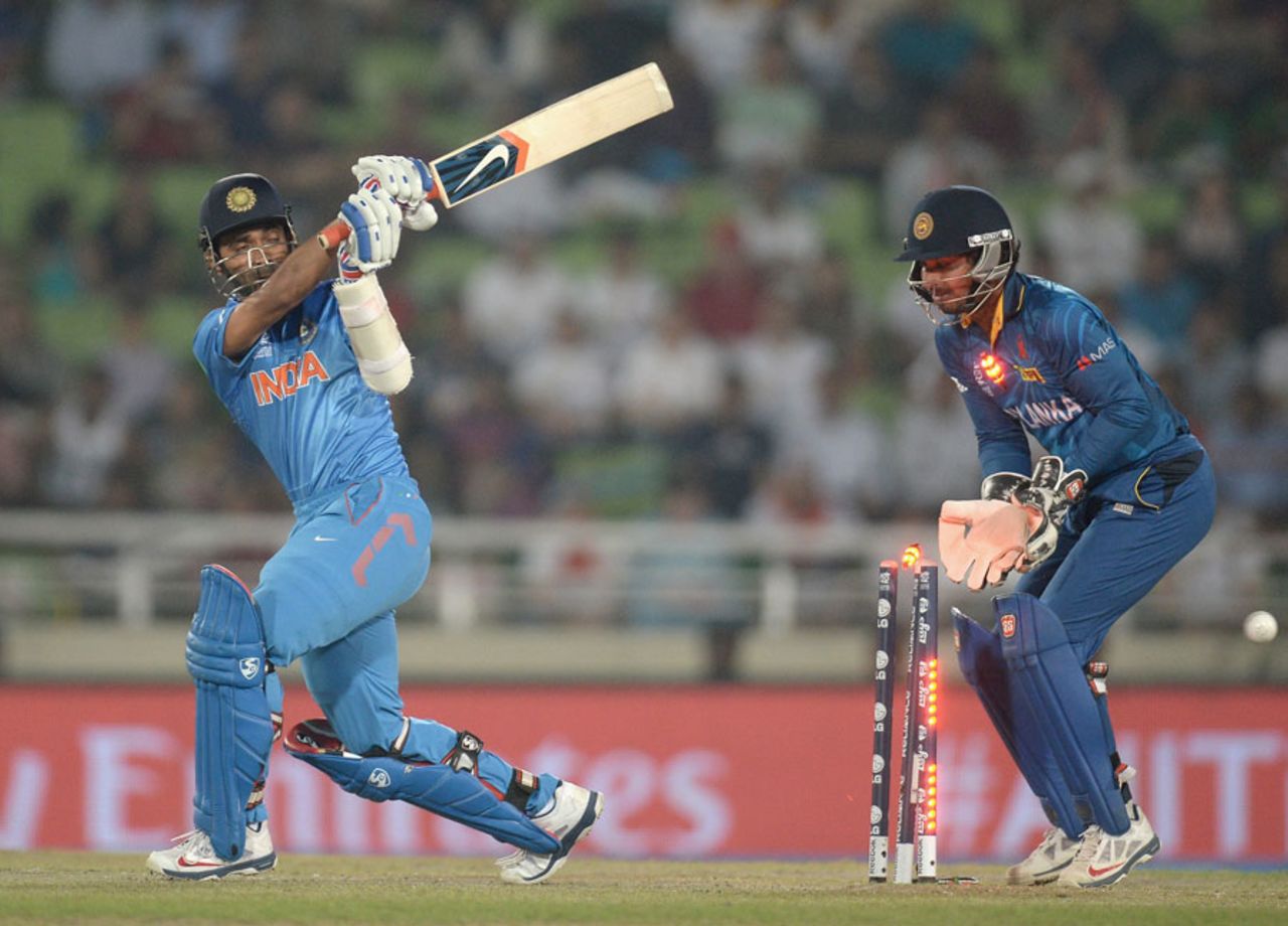 Ajinkya Rahane is bowled, India v Sri Lanka, final, World T20, Mirpur, April 6, 2014
