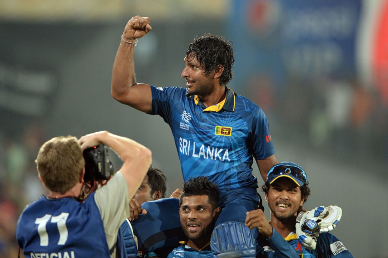 Kumar Sangakkara is carried around the field after winning the World T20, India v Sri Lanka, final, World T20, Mirpur, April 6, 2014