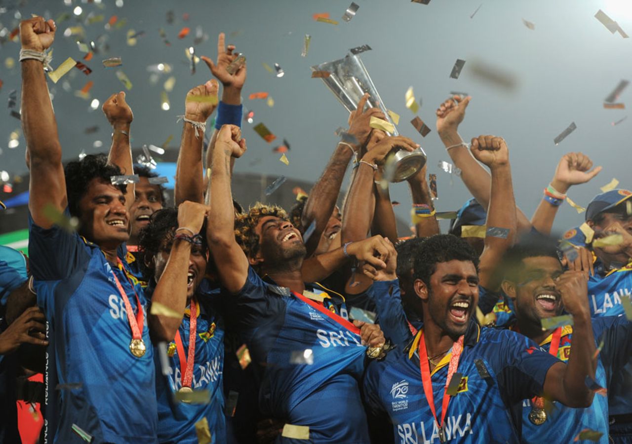 The Sri Lankan players celebrate with the World T20 trophy, India v Sri Lanka, final, World T20, Mirpur, April 6, 2014
