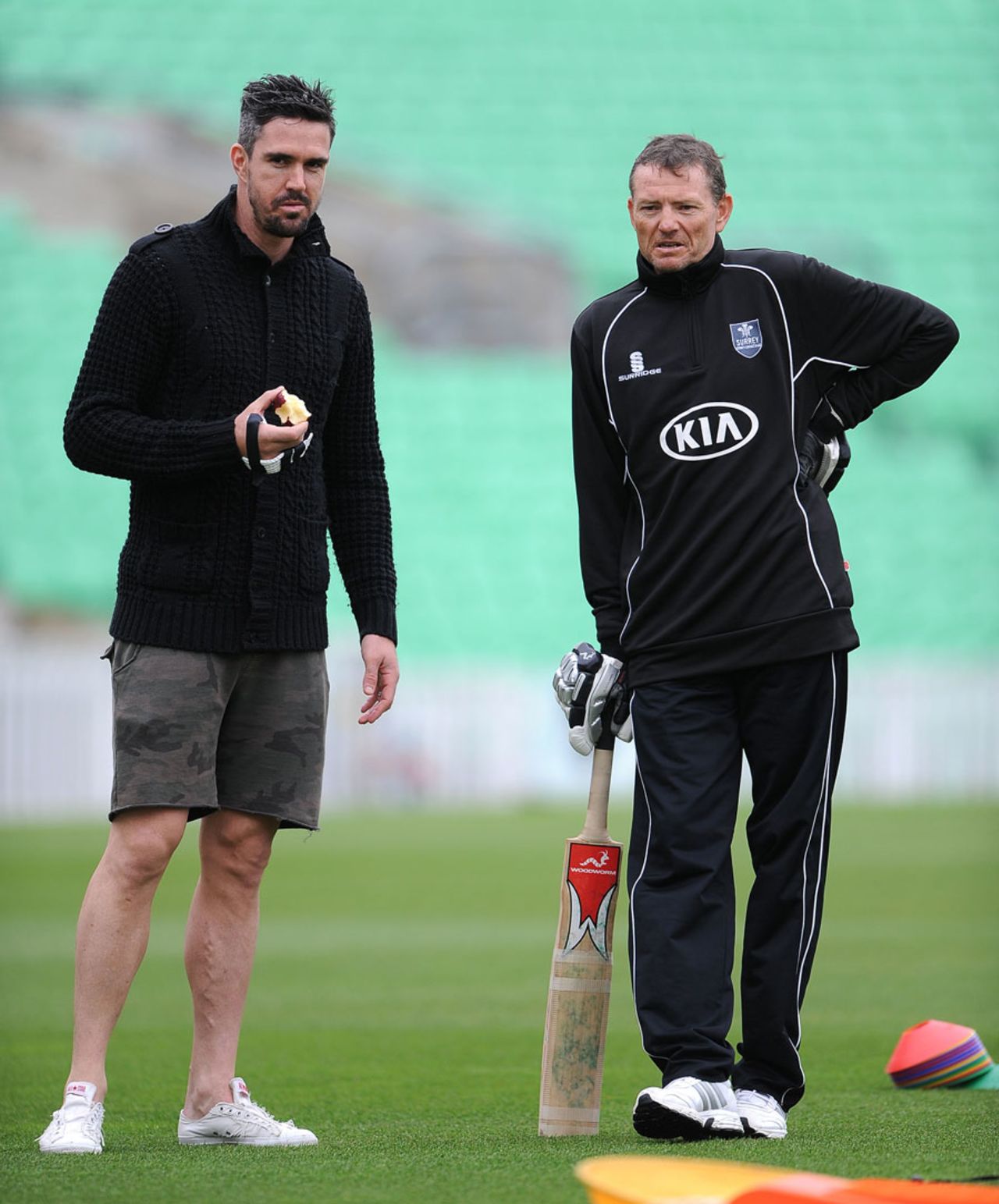 Kevin Pietersen in conversation with new Surrey coach Graham Ford, Surrey v Glamorgan, The Oval, County Championship Division Two, 1st day, April 6, 2014