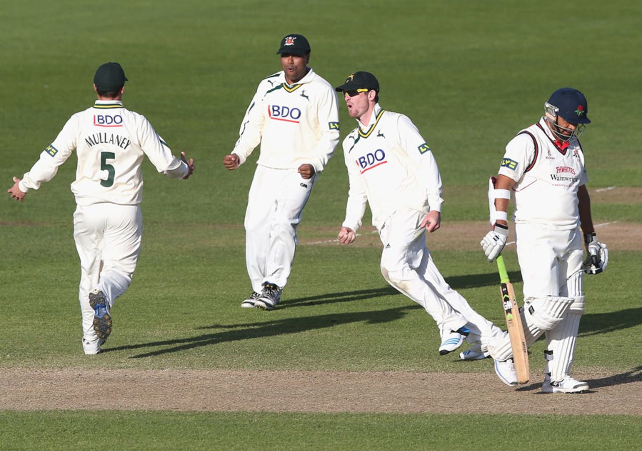 Ashwell Prince was last man out as Notts celebrate, Nottinghamshire v Lancashire, County Championship Division One, Trent Bridge, 4th day, April 9, 2014