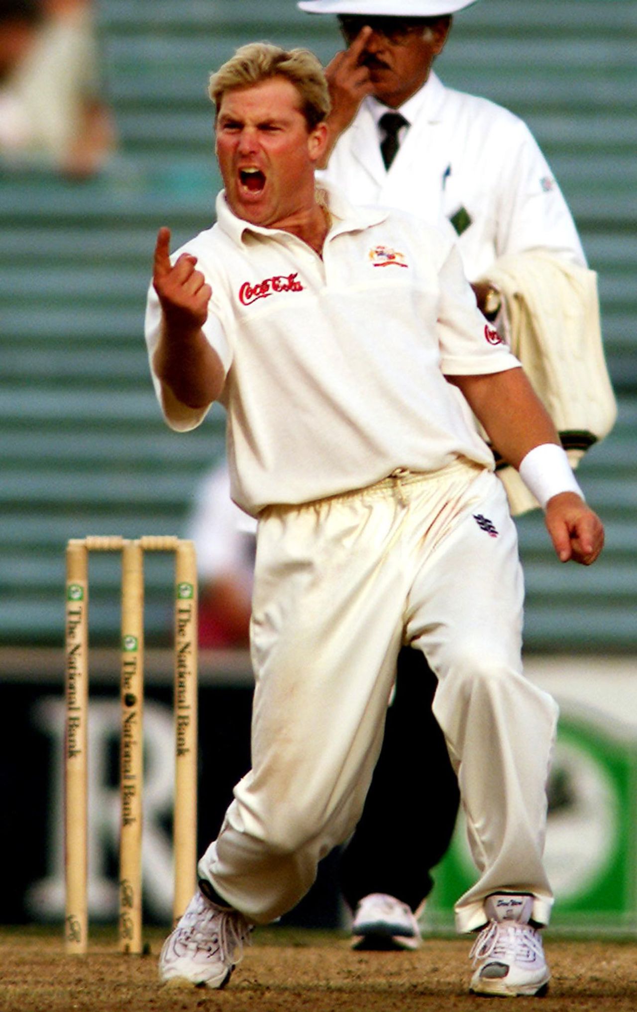 Shane Warne bowls Nathan Astle and equals Dennis Lillee's record , New Zealand v Australia, 1st Test, Auckland, 3rd day, March 13, 2000
