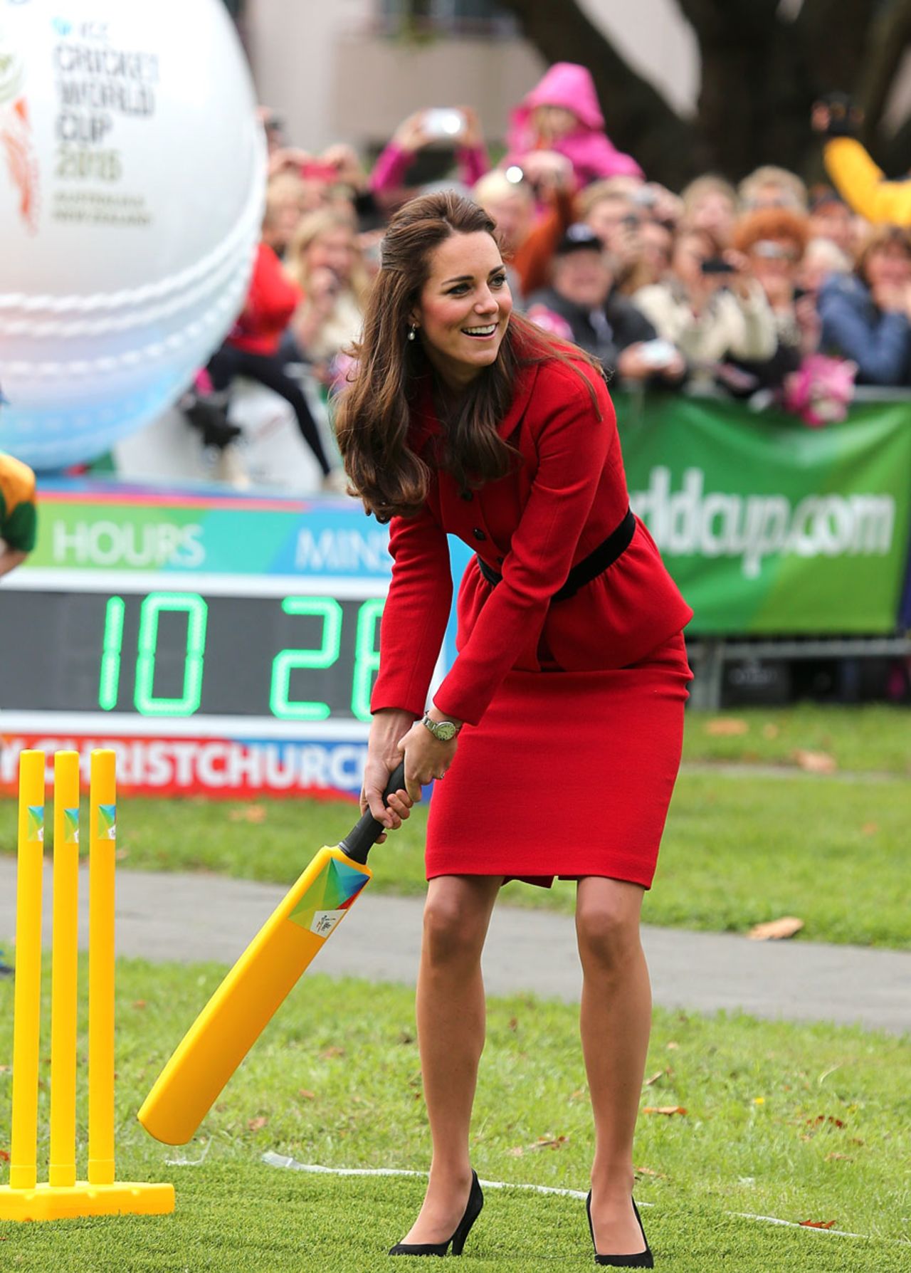 Kate Middleton, the Duchess of Cambridge, takes part in a friendly game in Christchurch as part of the countdown to the 2015 World Cup, April 14, 2014