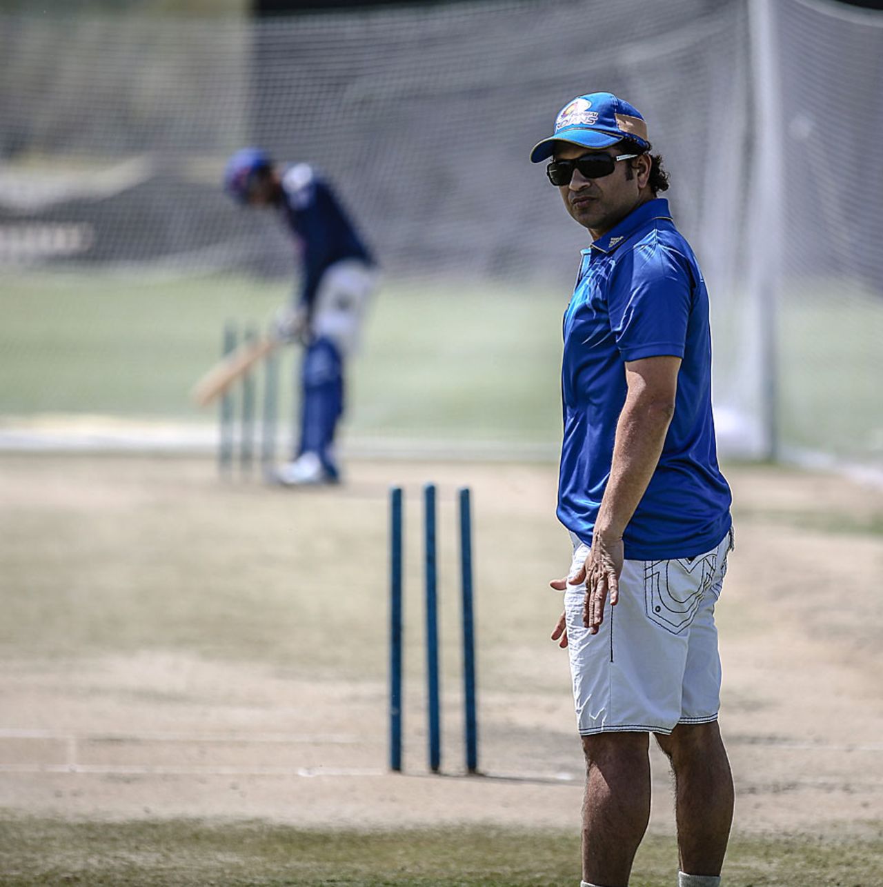 Sachin Tendulkar umpires at the nets, Abu Dhabi, April 15, 2014