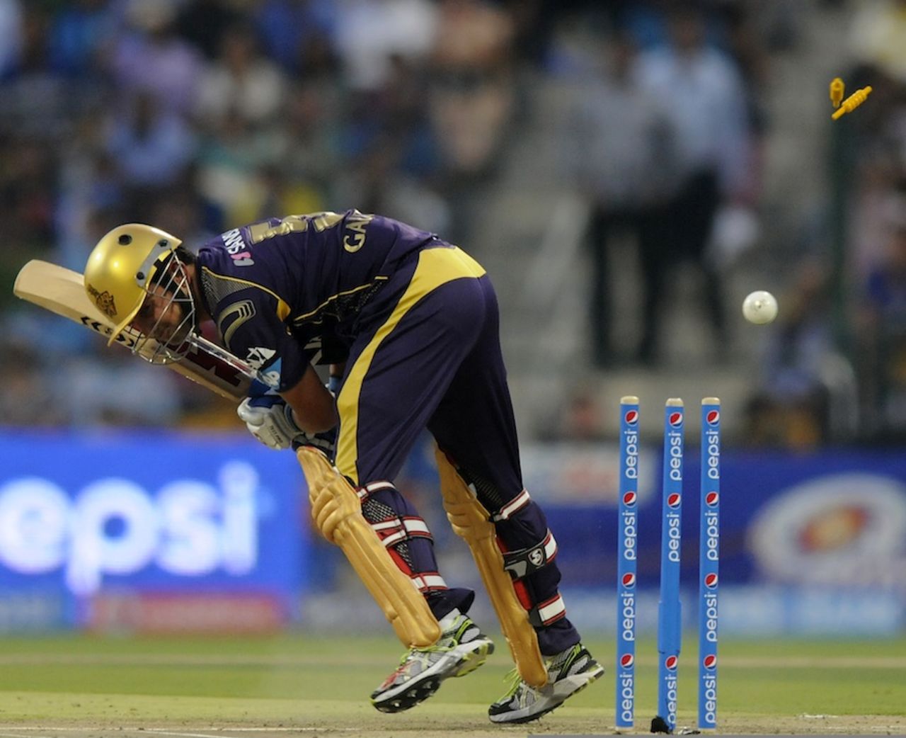 Gautam Gambhir was bowled for a duck, Kolkata Knight Riders v Mumbai Indians, IPL 2014, Abu Dhabi, April 16, 2014