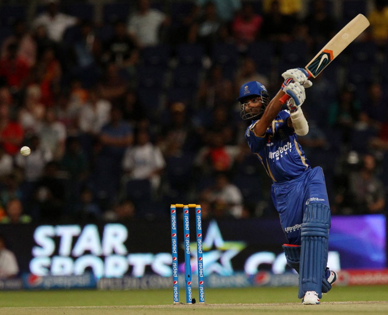 Ajinkya Rahane hits through the off side, Sunrisers Hyderabad v Rajasthan Royals, IPL 2014, Abu Dhabi, April 18, 2014