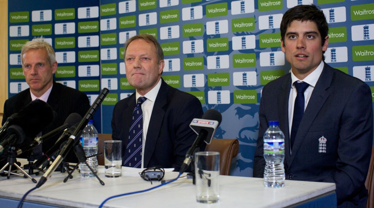 Peter Moores, Paul Downton and Alastair Cook at the unveiling of England's new coach, Lord's, April 19, 2014