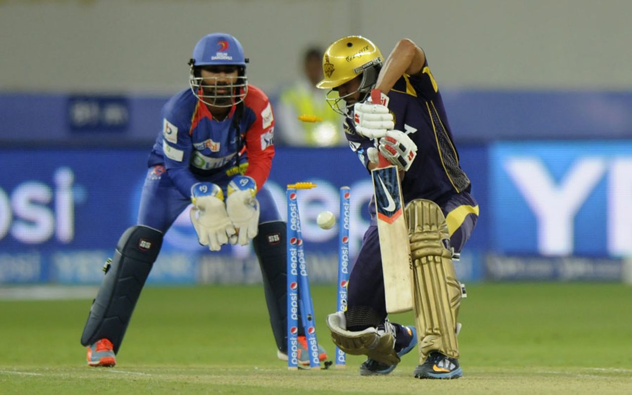 Manish Pandey is bowled, Kolkata Knight Riders v Delhi Daredevils, IPL 2014, Dubai