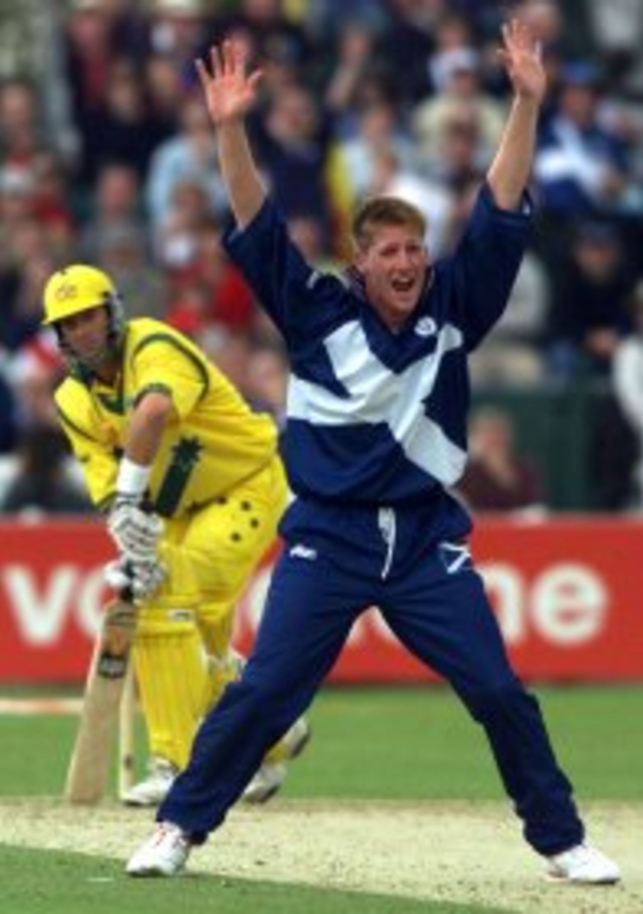 John Blain of Scotland appeals for Mark Waugh's wicket. Australia v Scotland, World Cup 1999. May 16, 1999.