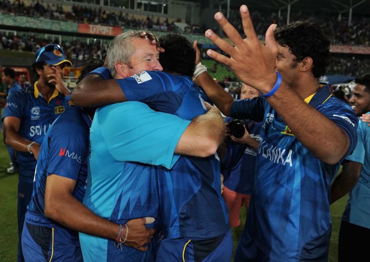 Paul Farbrace gets a hug from his players, India v Sri Lanka, final, World T20, Mirpur, April 6, 2014