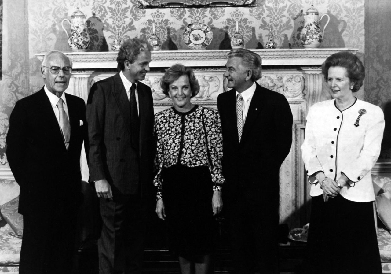 British prime minister Margaret Thatcher and Australian prime minister Bob Hawke with their spouses and England Test captain David Gower at 10 Downing Street, London, June 26, 1989