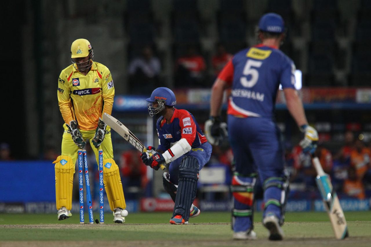 Dinesh Karthik was bowled by R Ashwin, Chennai Super Kings v Delhi Daredevils, IPL 2014, Abu Dhabi, April 21, 2014