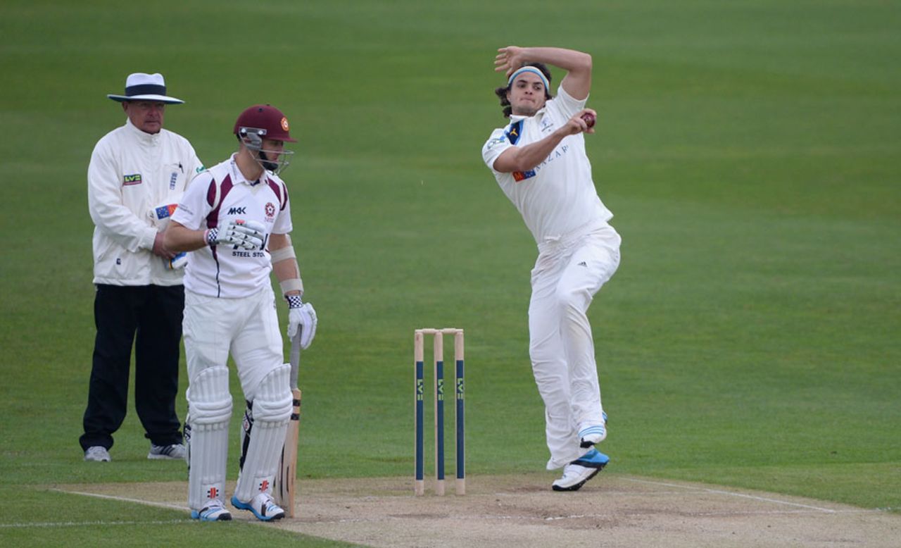 Jack Brooks attempted to add to his first-innings five for, Yorkshire v Northamptonshire, County Championship, Division One, Headingley, 3rd day, April 22, 2014