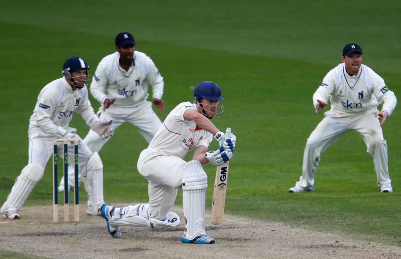 Luis Reece reached the close on 9 from 62 balls, Lancashire v Warwickshire, County Championship, Division One, Old Trafford, 3rd day, April 22, 2014
