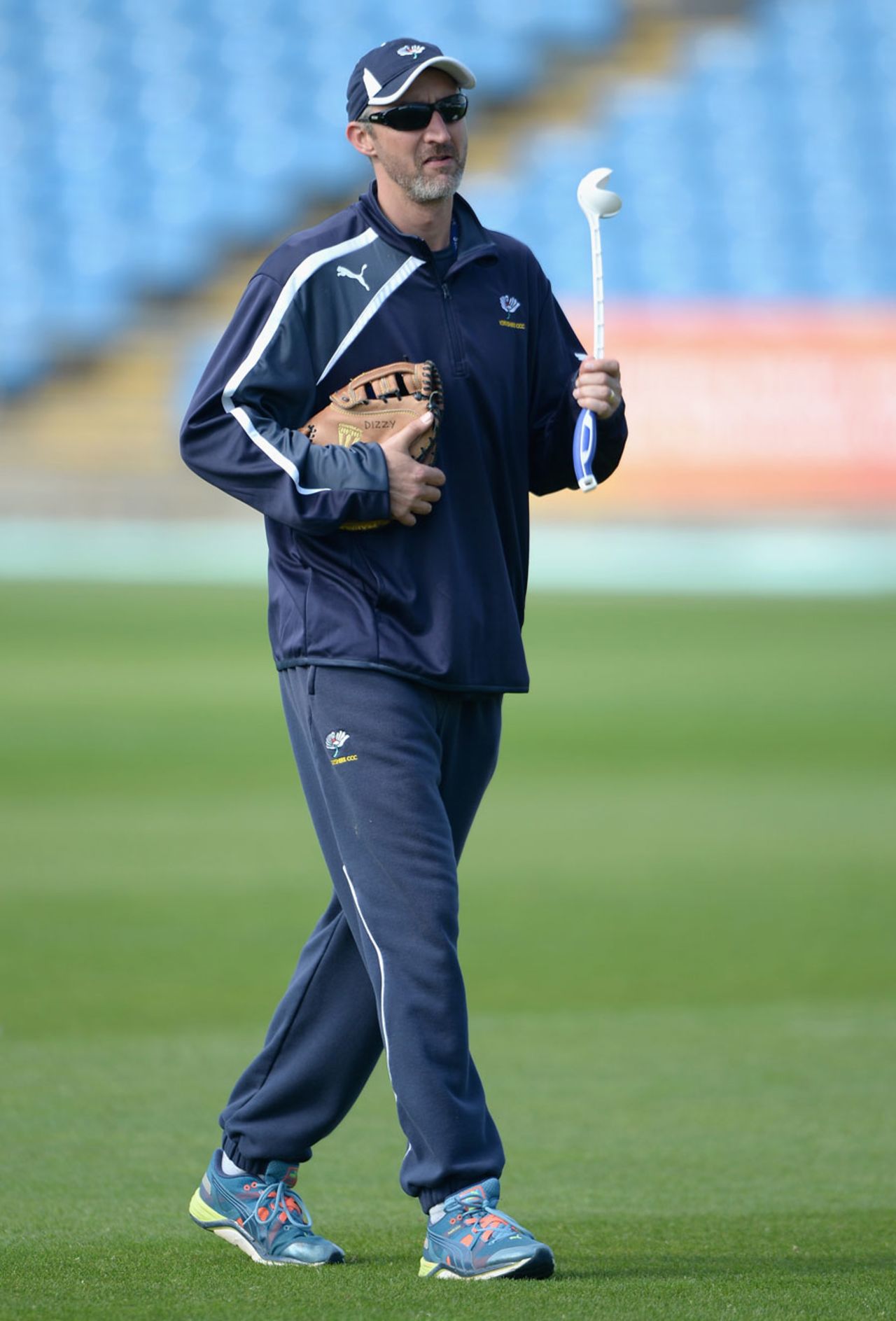 Jason Gillespie on the outfield before the start of play, Yorkshire v Northamptonshire, County Championship, Division One, Headingley, 4th day, April 23, 2014