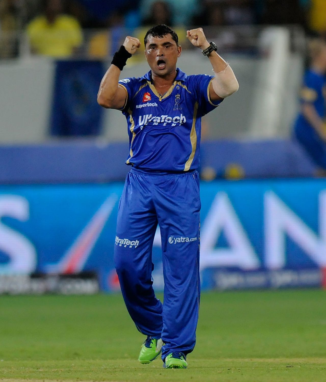 Pravin Tambe is chuffed with the wicket of MS Dhoni, Chennai Super Kings v Rajasthan Royals, IPL 2014, Dubai, April 23, 2014