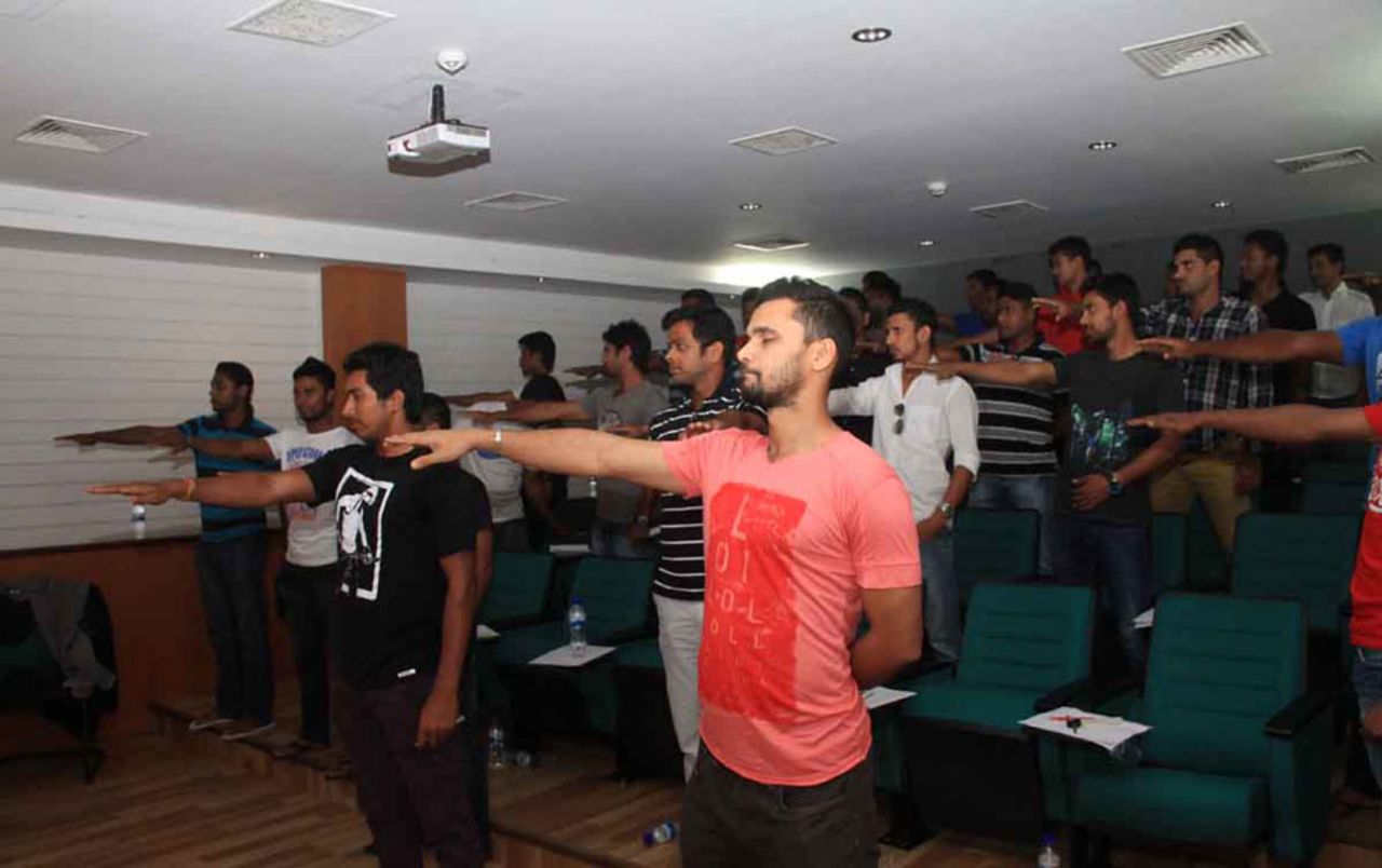 Mashrafe Mortaza and his team-mates participate in a psychological skills seminar, Mirpur, April 24, 2014