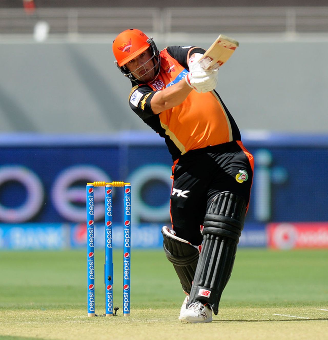 Aaron Finch steps out for a big hit, Sunrisers Hyderabad v Delhi Daredevils, IPL 2014, Dubai, April 25, 2014