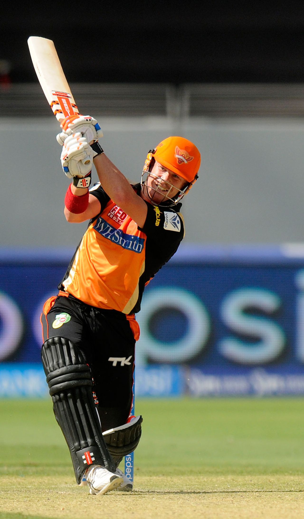 David Warner attacks the leg side, Sunrisers Hyderabad v Delhi Daredevils, IPL 2014, Dubai, April 25, 2014