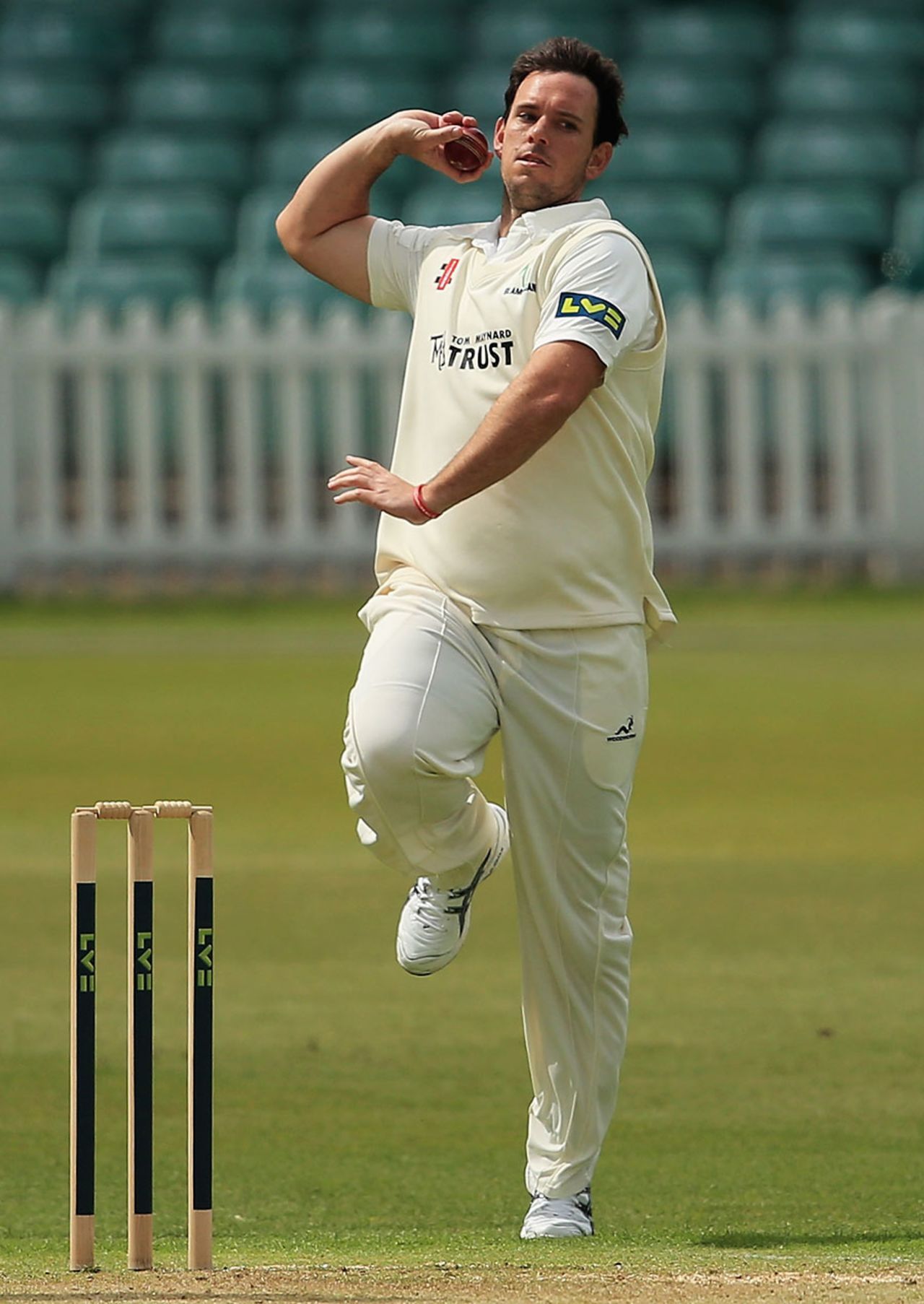Jim Allenby in his delivery stride, Leicestershire v Glamorgan, County Championship, Division Two, Grace Road, April 27, 2014